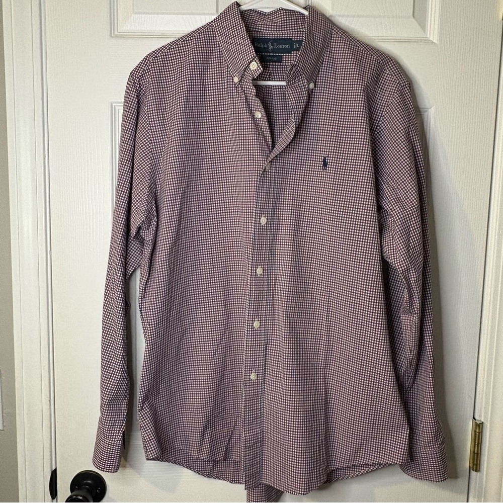 Ralph Lauren Men’s Long Sleeve Button Up Shirt White/Red/Navy Blue Gingham Large